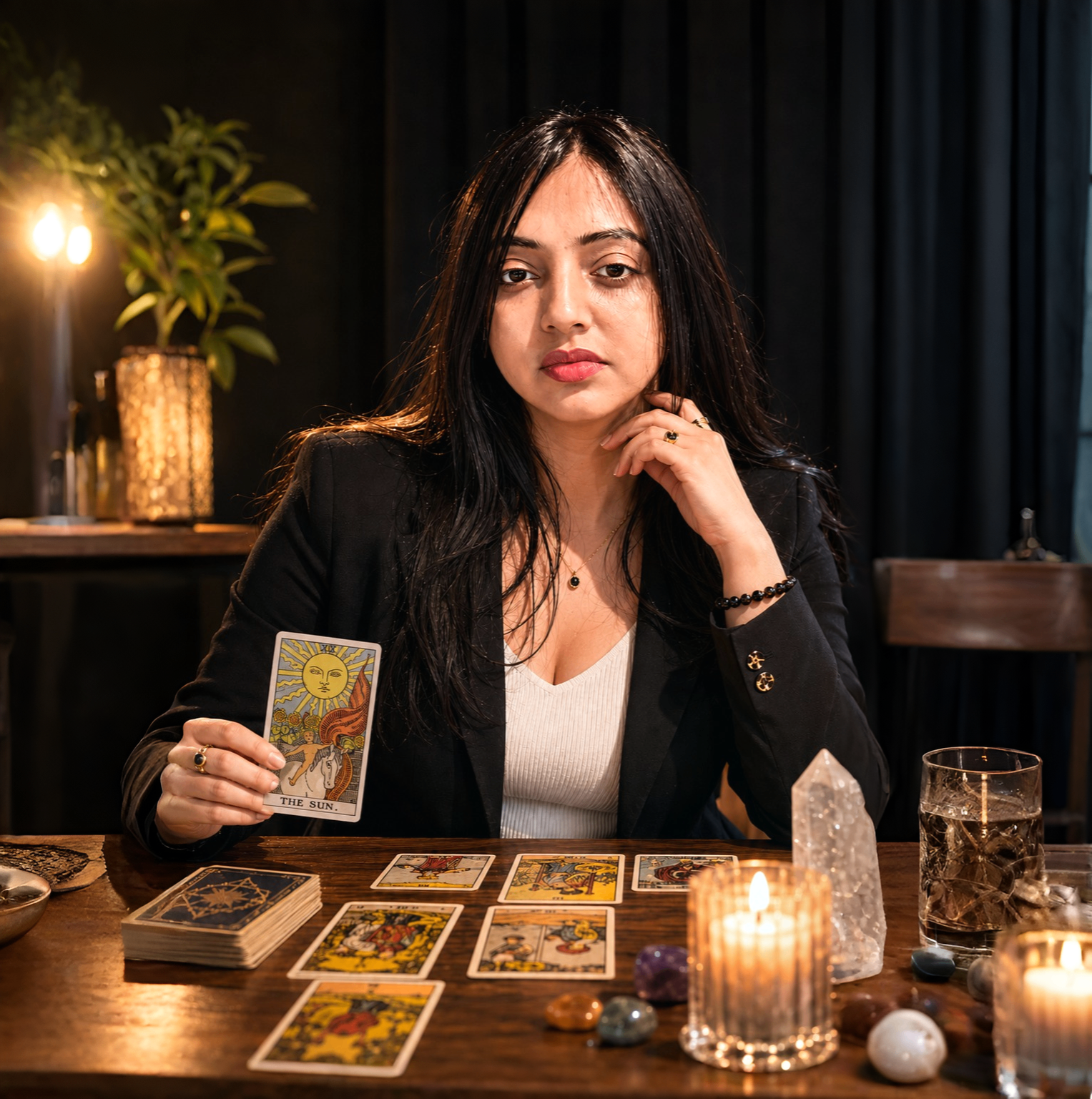 Rimpy Veronica seated at a candlelit reading table holding The Sun tarot card