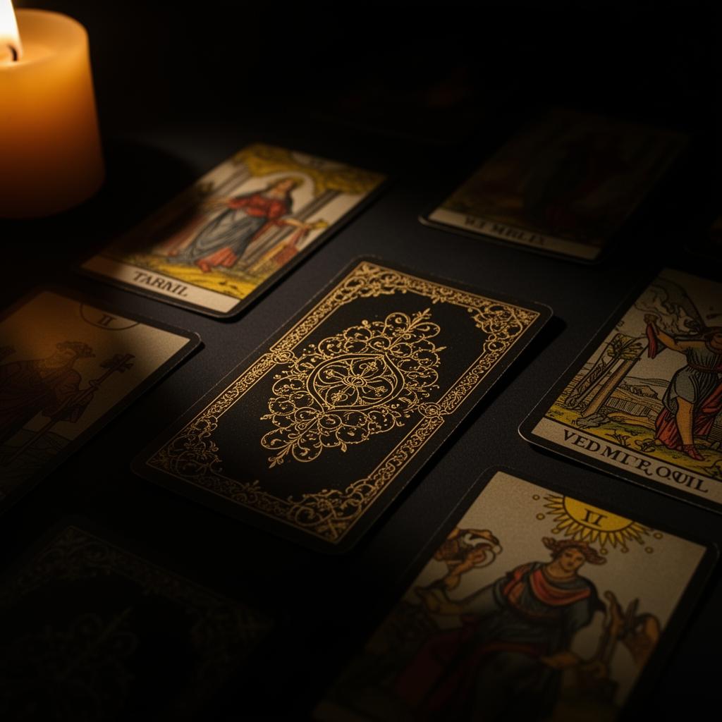 Antique tarot cards illuminated by candlelight